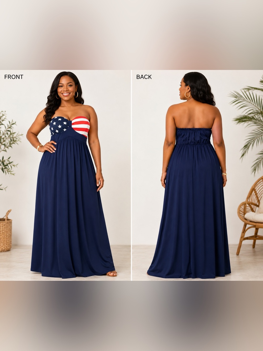 Patriotic Strapless Navy Maxi Dress with American Flag Bodice